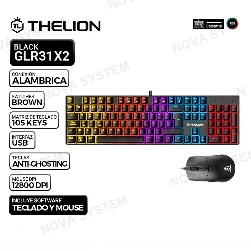 THELION KIT GAMING THELION GLR31X2 BLACK, TECLADO SWITCH BROWN+ MOUSE, RGB