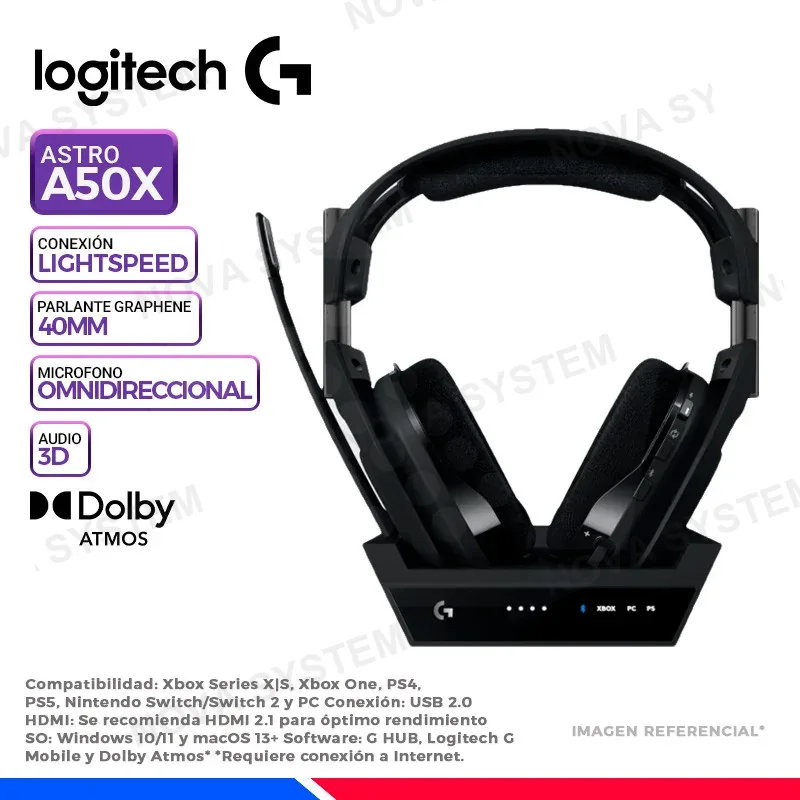 AURICULAR LOGITECH ASTRO A50X, INALAMBRICO/BT, RGB, BLACK